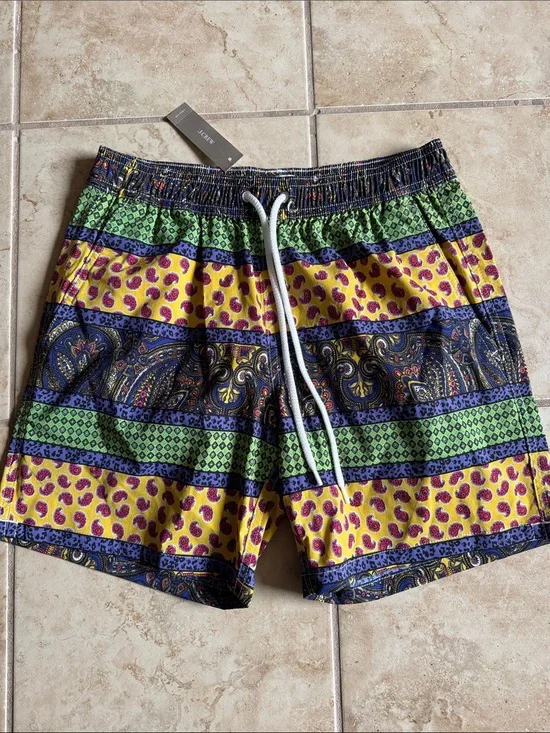 J Crew Men's Multicolored Paisley Print Stripe Mesh Lined Swim Trunks NWT Small