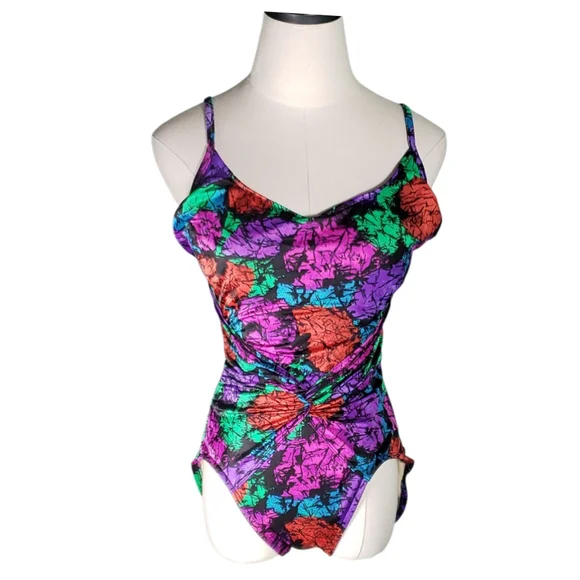 Slimsuit TM Onepiece Swimsuit 14 80s Neon Maximal Rouched Waist Slimming Modest
