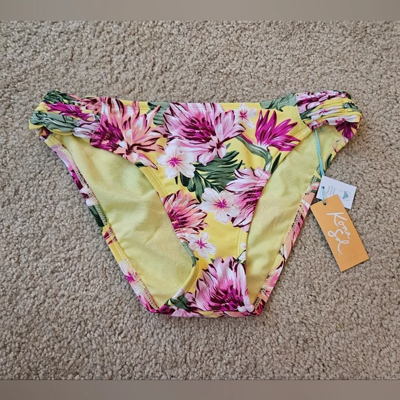 Kona Sol Yellow and Pink Floral Bikini Swimsuit Bottoms Women's Medium M New