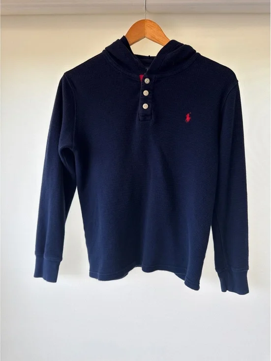 Polo Ralph Lauren Boys L Navy Waffle Knit Hooded Henley Thermal Shirt Logo