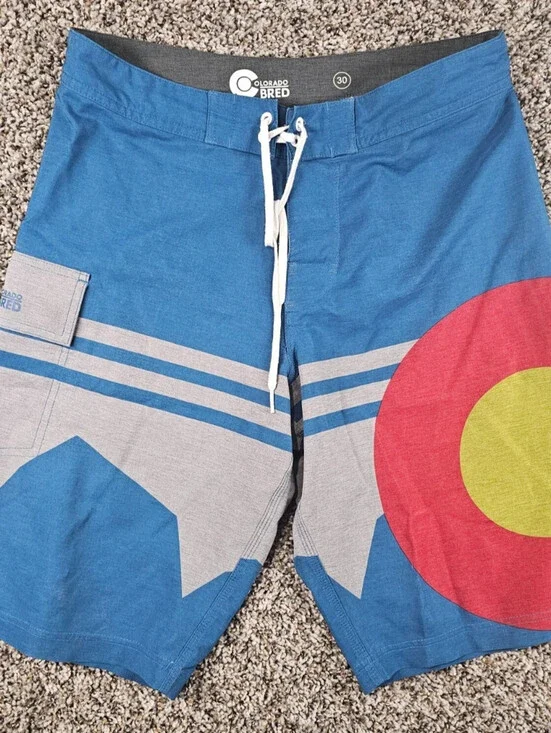 Colorado Bred Mens Sz 30 Board Shorts Swim Trunks Colorado Flag Print