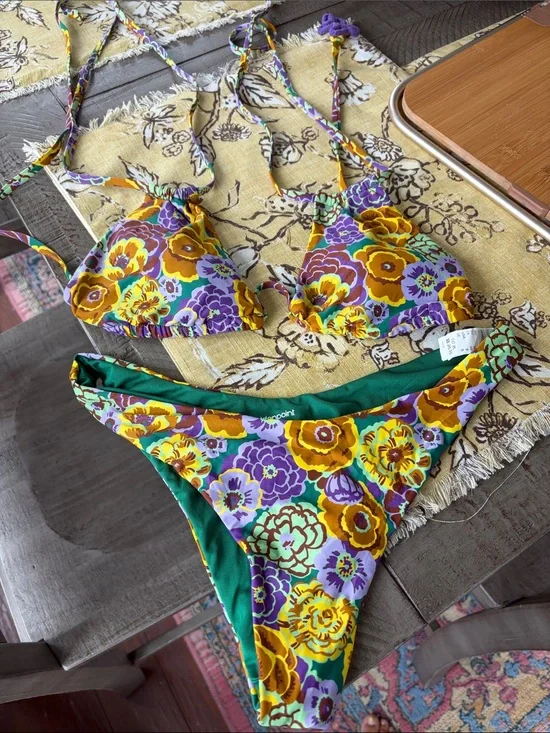 Floral Triangle Bikini Set in Bright Yellow & Purple