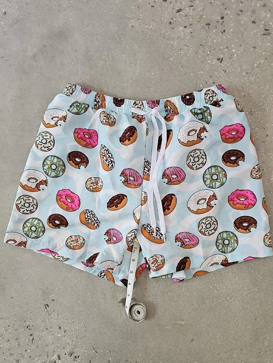Mens's Donut Print Drawstring Swim Shorts  - Light Blue
