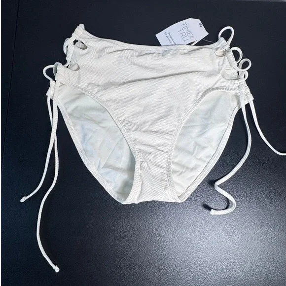 Time and Tru Women Vanilla Dream Ribbed High Waist Lace-Up Bikini Bottom M‎ 8-10