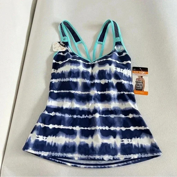 Zeroxposur Cross Back Strap Tankini Swimsuit Navy Blue Tie-Dye Size XS (6)