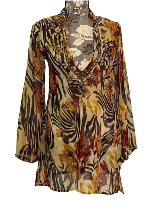 Ocean Breeze Beaded Sheer Swim Cover Up Tunic Boho Top Medium