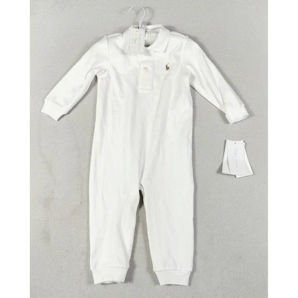 Ralph Lauren Coverall Baby Boy 12M White Organic Cotton Polo Long Sleeve Romper