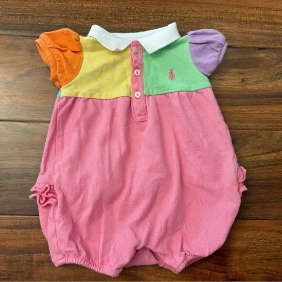 Ralph Lauren pink/yellow/orange/green/purple color block ruffle romper