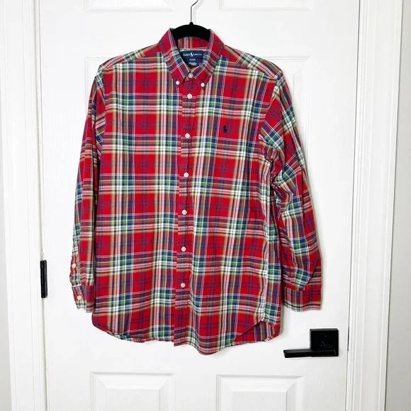 Ralph Lauren Red Plaid‎ Button Down Boys XL 20 Red Excellent Long Sleeve Preppy