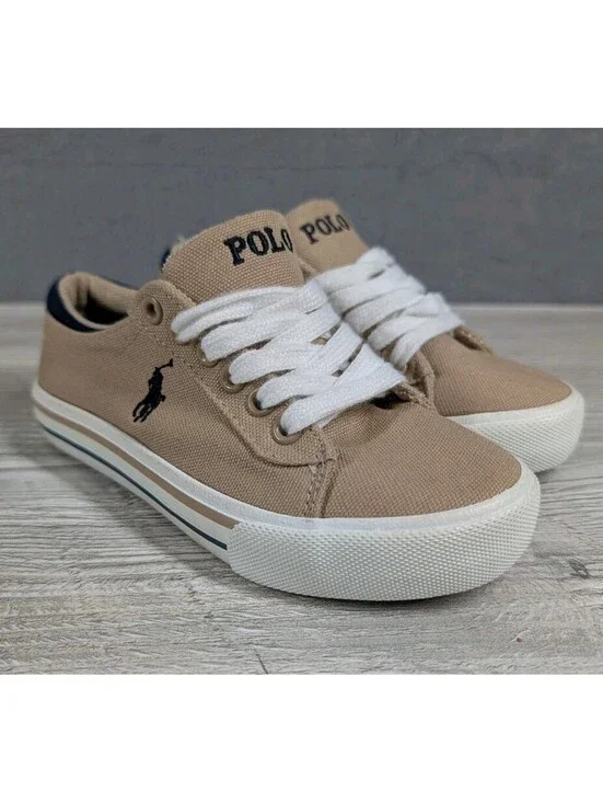 Polo Ralph Lauren Toddler 12 Tan Canvas Lace Up Sneakers Casual Shoes Kids Beige