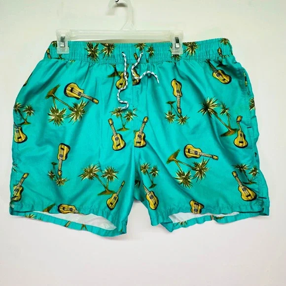 Goodfellow‎ & Co Mens Swim Trunks XL Turquiose Ukulele Palm Tree Tropical Print