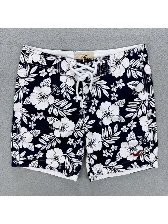 Hollister Board Shorts Mens Small S Navy Blue White Floral Surfing Swim Trunks