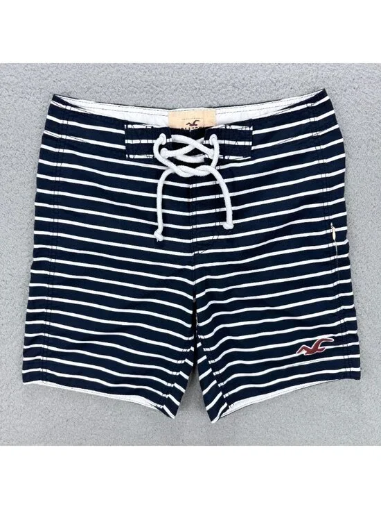 Hollister Board Shorts Mens Small S Navy Blue White Striped Surfing Swim Trunks