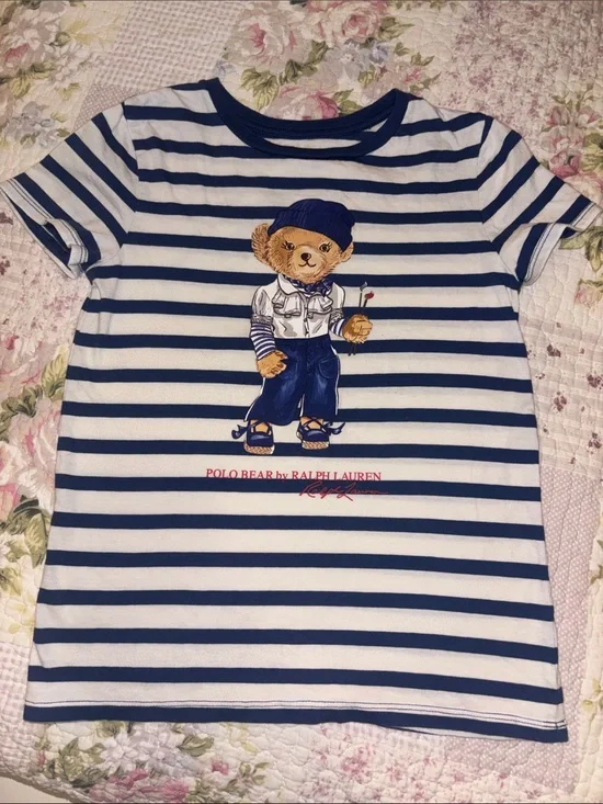 Girls Ralph Lauren White & Navy Striped Polo Bear Tee