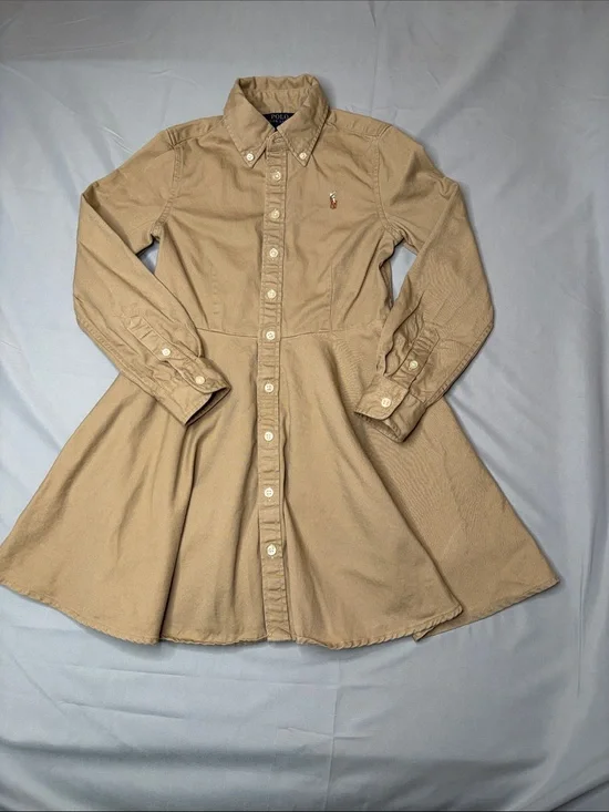 Polo Ralph Lauren Tan Khaki Button-Front Shirt Flare Dress Pony Pockets Size 7