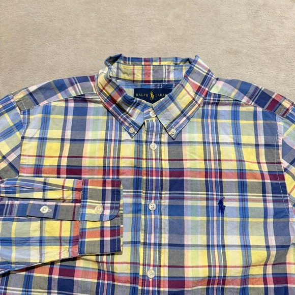 Ralph Lauren Button Down Shirt Youth Boys XL 18-20 Plaid Navy Pony Preppy EUC