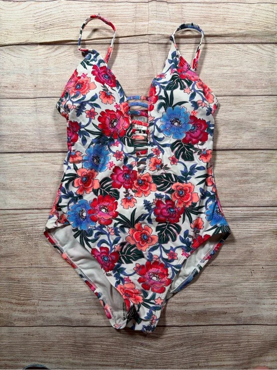 NWOT Floral One-Piece Swimsuit Ladder Front in White,‎ Pink & Blue
