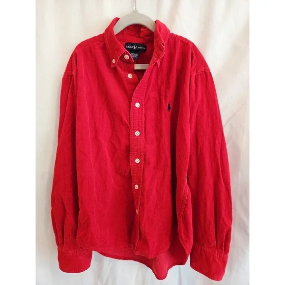 RALPH LAUREN Boys' Corduroy Button Down Shirt Small (8/10) Red LS Pony Logo