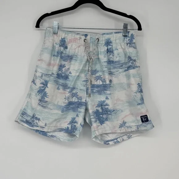 The Endless Summer Mens‎ Small Swim Trunks Blue White Tropical Palm Tree Shorts