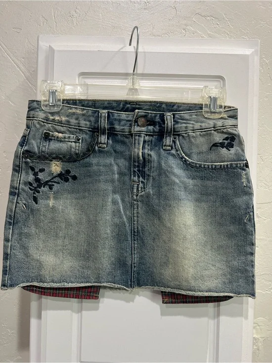 Ralph Lauren Distressed Blue Denim Mini Skirt with Embroidered Detail