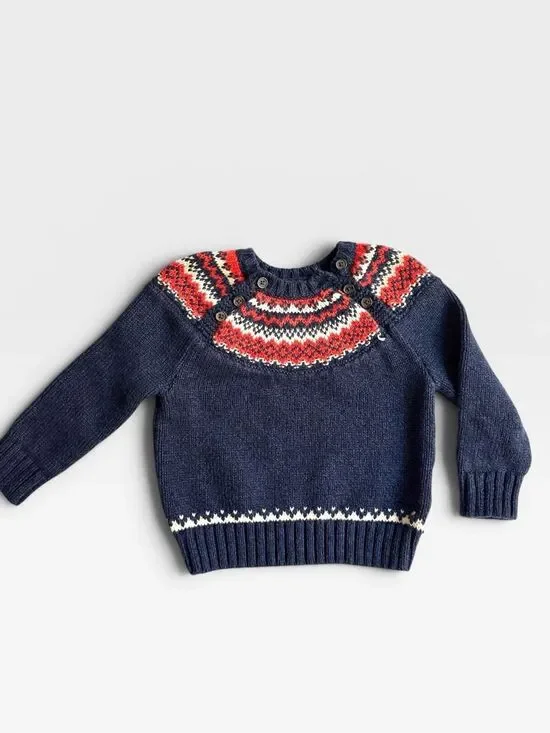 Ralph Lauren Baby Sweater Blue Nordic Fair Isle Button Shoulder 18M Cotton