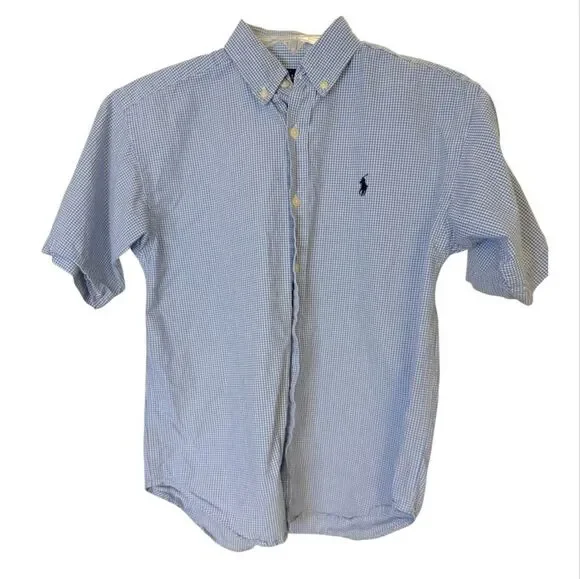 Ralph Lauren Boys Blue/White Gingham Check Button Down Shirt Medium Iconic Pony