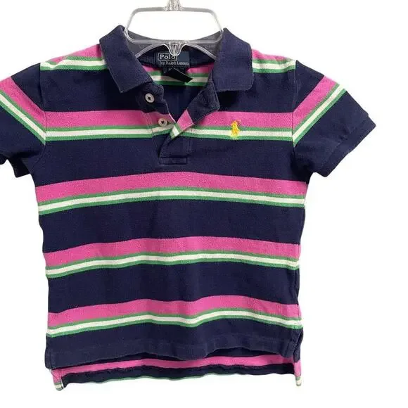 Ralph Lauren Polo Boys Size 4 Navy Pink Green Stripe Preppy Casual Yellow Pony