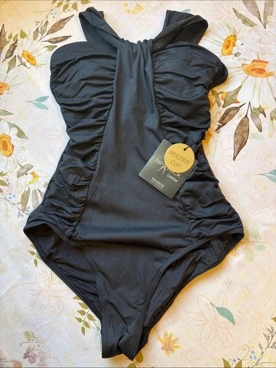 bond-eye Black Ruched One-Piece with Twisted Halter