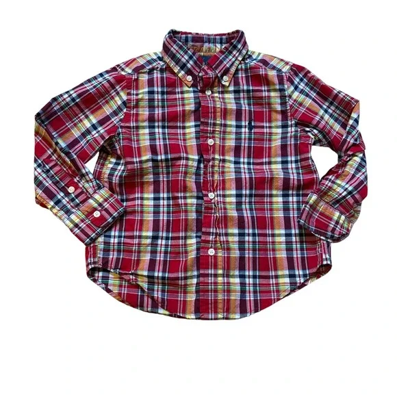 Ralph Lauren Button Down Kids Red Excellent Plaid Long Sleeve SIZE 2T‎