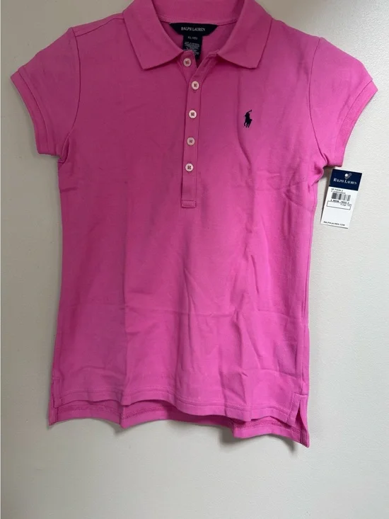 Ralph Lauren Girls Polo Shirt in Bright Pink with Navy Pony