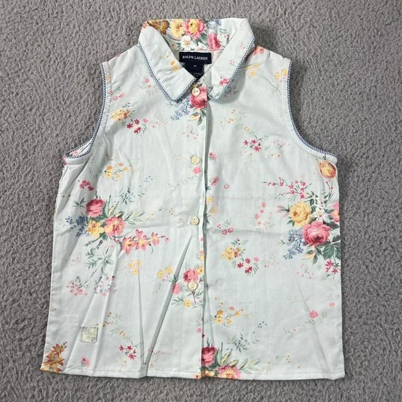 Ralph Lauren Avignon Shirt Girls 6X Mint Green Floral Sleeveless Cotton Gingham‎