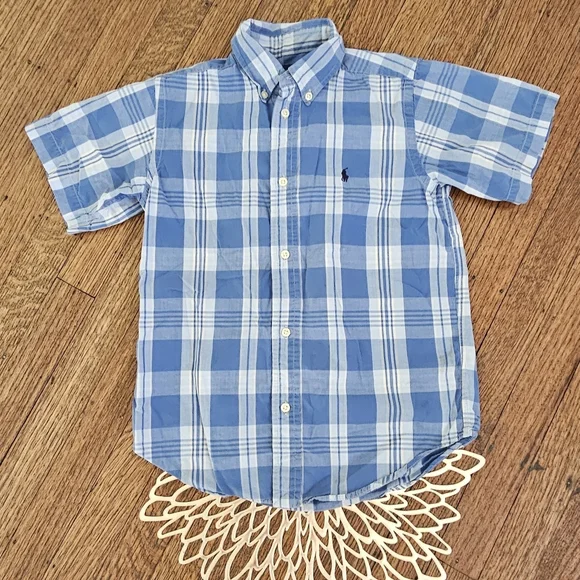 Ralph Lauren Blue Plaid Short-sleeved Button Up Size 7