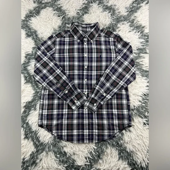 Ralph Lauren Kids Boys Purple Black Plaid Long Sleeve Button Up Shirt Size M