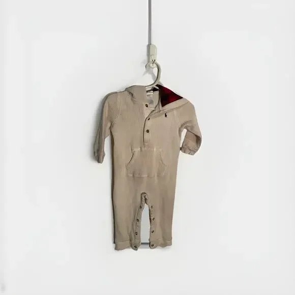 Ralph Lauren Cream‎ Waffle Jumpsuit 9 Month With Plaid Hood