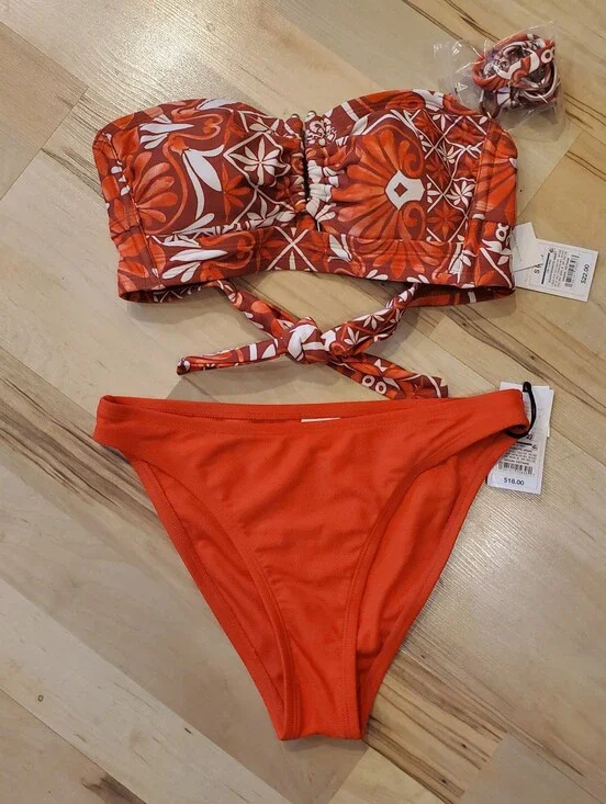 NWT Shade & Sore Orange Printed Bandeau Bikini Top with Solid Orange Bottom