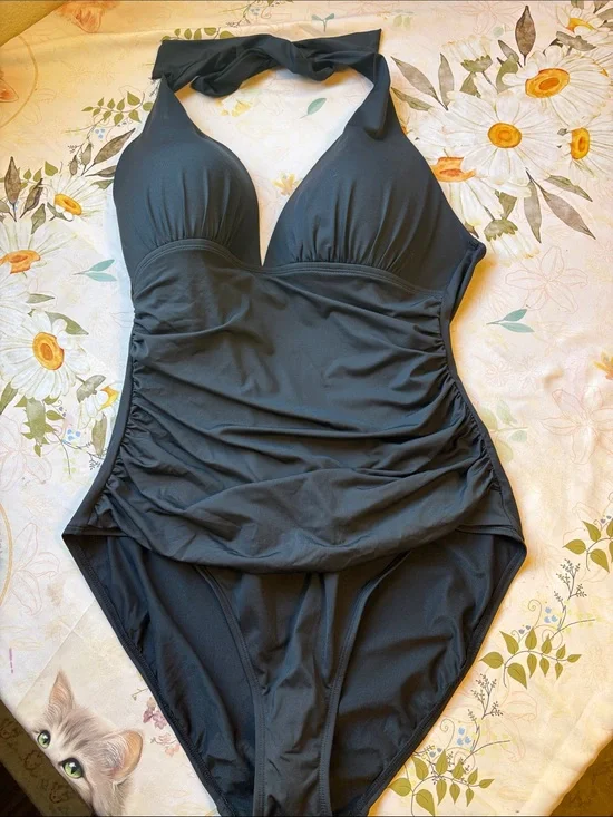 Lauren Ralph Lauren Black Halter Ruched One-Piece Swimsuit