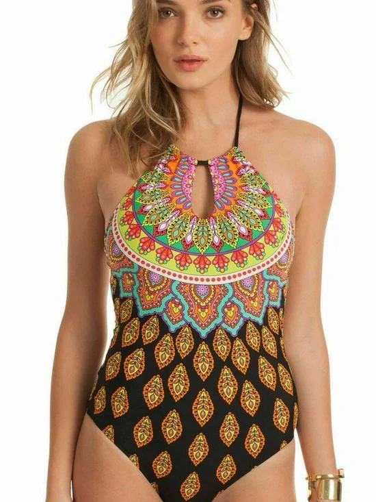 Vibrant Keyhole Halter One-Piece Swimsuit — Multicolor Medallion