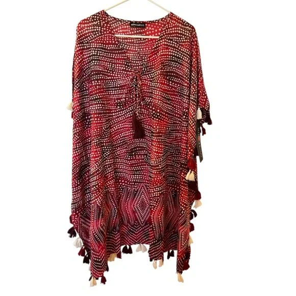 🆕 Miraclesuit Caftan Swimsuit Cover-up Women’s Tassles Cotton Red White Size S