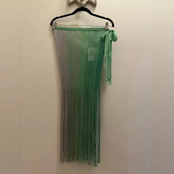 Green and Silver Crochet Mesh Maxi Beach Cover Up Skirt with Fringe