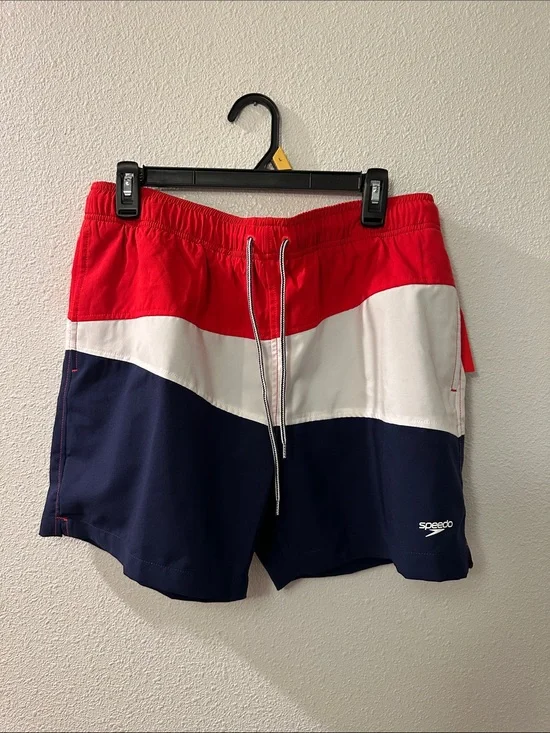 Speedo Red White Navy Colorblock Swim Trunks