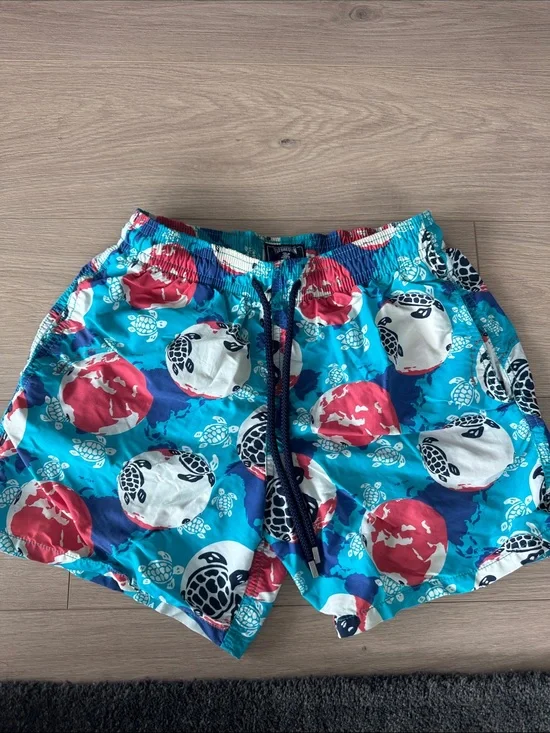 Vilebrequin Turquoise Swim Shorts with Pink & Navy Turtle Print