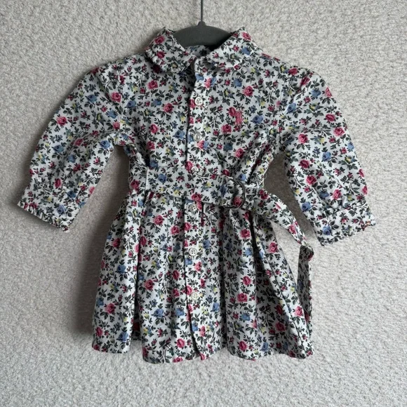 Ralph Lauren Baby Girls White Floral Collar Button Down‎ Belted Dress 3 Months