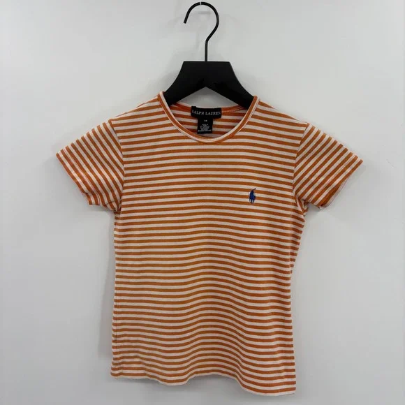 Ralph Lauren Kids Striped Short Sleeve T-Shirt‎ Medium Orange White Pony Logo