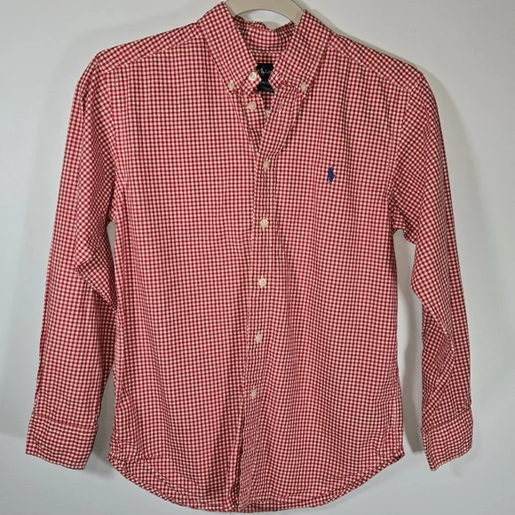 Ralph Lauren Boys Red Gingham Button Down Shirt Size Medium‎ Long Sleeve