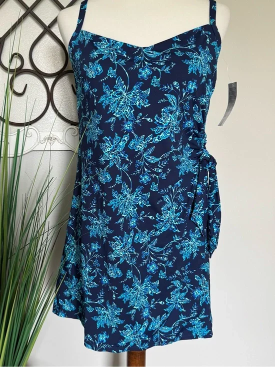 NWT LANDS’ END Size 10 One Piece Navy Blue Floral Swimsuit Swimdress