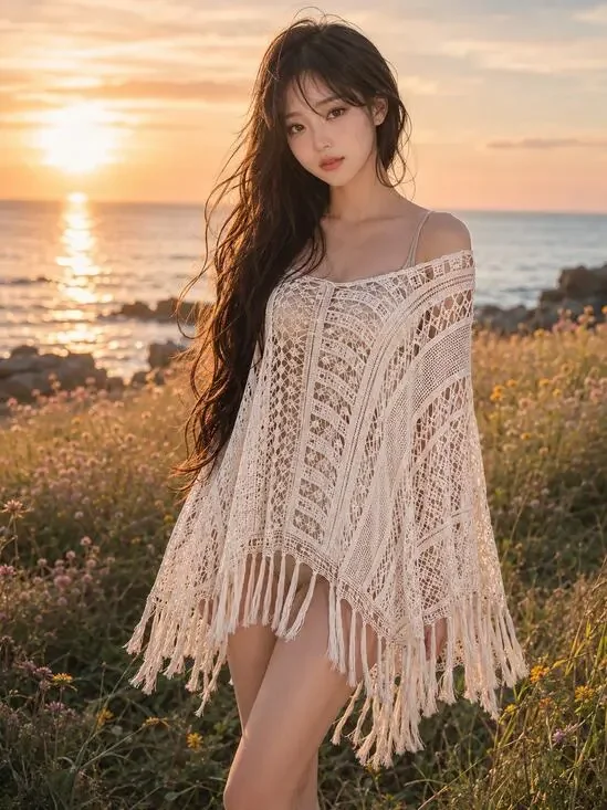 New boutique crochet knit slouchy layering fringed poncho coverup OS