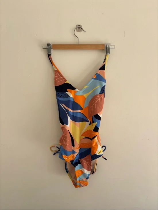 Kona Sol Leaf-Print One-Piece Swimsuit in Blue, Orange & Rust