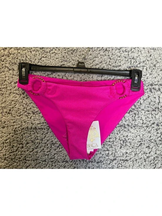 BECCA Ring Side Hipster Bikini Bottom Medium Pink Ribbed Gold Ring NWT