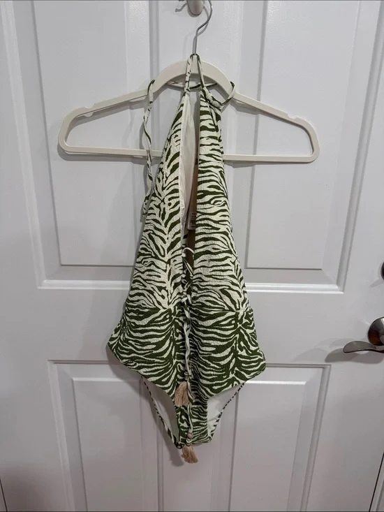 Green Zebra-Print One-Piece Swimsuit with Tassel Tie