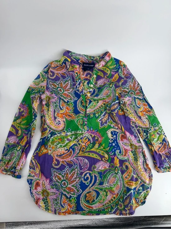 Ralph Lauren Girls Size 5 Paisley Floral Popover Top 100% Cotton Boho Shirt